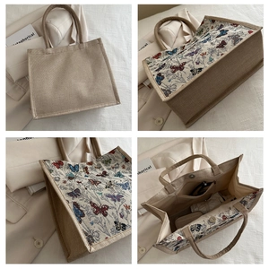 Detail views of vintage linen tote bag featuring butterfly prints and interior pocket