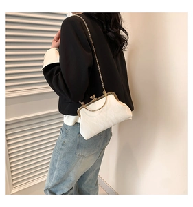 Detailed macro view of white textured fabric handbag with vintage gold metal frame and chain