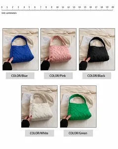 Quilted tote bag detail showing five color options and heart-shaped embossed texture