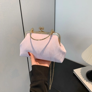 Pink satin cloud clutch bag with gold vintage frame and pearl chain strap for women