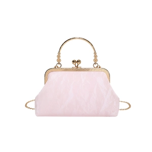 Elegant light pink pleated evening clutch bag with golden metal frame and round bead handle
