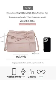 Tabella taglie con dimensioni 20x28x9cm per la borsa a tracolla rosa con fiocco