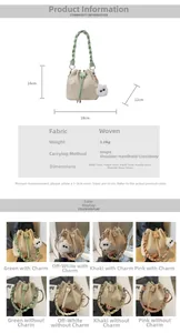 Detail view showing dimensions and color options for the woven drawstring bucket bag