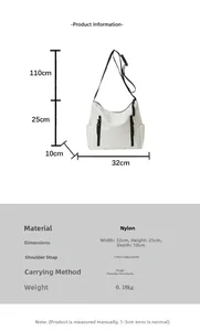 Dimensions détaillées du sac fourre-tout en nylon blanc avec bandoulière réglable et capacité