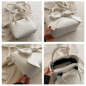 Detailed interior and exterior views of a white bow square handbag with zip compartment