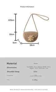 Detail of beige woven semi-circle bag with white daisy decor and spiral texture
