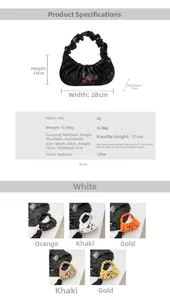 Detailed dimension chart and color variants of the pleated cloud handbag in five colors