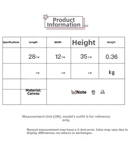 Size chart for the canvas tote bag showing dimensions 28x12x35cm and 0.36kg weight details