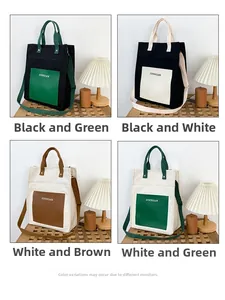 Detail view of large canvas tote bags in four color-blocking styles on a wooden table