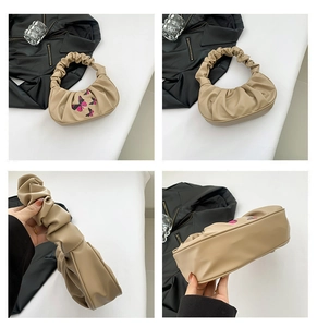 Detailed views of beige pleated cloud bag featuring stylish butterfly print and smooth PU texture