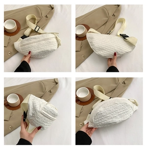 Detailed views of a white textured chest bag featuring pleated fabric and nylon strap