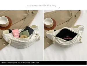 Detail view of white pleated chest bag showing spacious interior for phone and cosmetics
