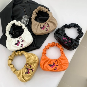 Fashion Women Pleated Butterfly Print Shoulder Bag Y2K Ruched PU Leather Underarm Cloud Bag Casual Streetwear Satchel Handbag