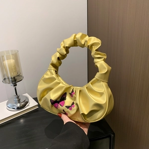 Yellow pleated cloud handbag with butterfly print and ruched handle for women