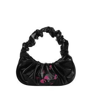 Chic black pleated cloud handbag with pink butterfly print and stylish RUched handle
