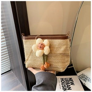 Détail du sac seau en paille tressée avec breloque fleurie et bandoulière chaîne dorée