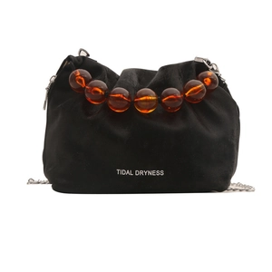 Sac seau nuage en velours noir à la mode avec poignée en perles d'ambre et chaîne argent