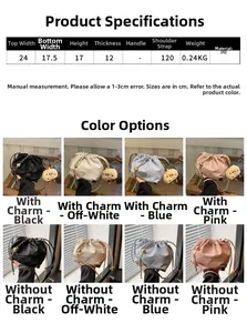 Detailed chart showing size specs and four color options of this drawstring cloud bucket bag