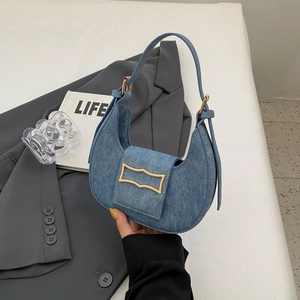 Minimalist Women PU Leather Crescent Shoulder Bag Simple Denim Texture Underarm Bag With Gold Buckle Fashion Hobo Bag