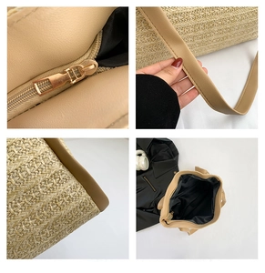 Detail showing the straw weave texture, metal zipper closure, and slim leather straps