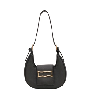Minimalist black crescent shoulder bag with a gold rectangular buckle on white background