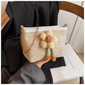 Détail du sac seau en paille tressée avec fleur en peluche jaune et chaîne dorée