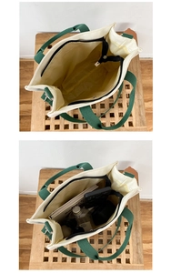 Detail view of large canvas tote bag showing inner storage capacity with items