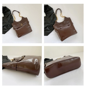 Vues détaillées du sac cabas marron montrant la boucle, le dos, le côté et la base