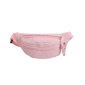 Pink pleated fabric chest bag for women with woven bead pendant and adjustable strap