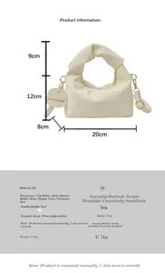 Detailed size chart for ruched solid color handbag showing dimensions and adjustable strap