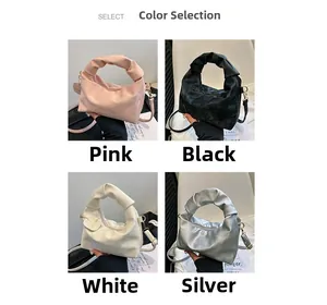 Detailed grid view of stylish pleated cloud bags in pink, black, white, and silver colors
