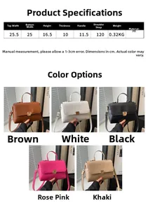 Detailed size specifications and various color options for the croc-effect PU leather bag
