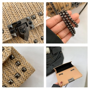 Détails du sac bandoulière tissé beige montrant les rivets, la chaîne et la doublure interne