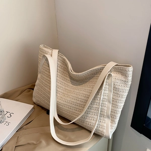 Contrast woven tote bag for women with white leather straps in a large capacity size