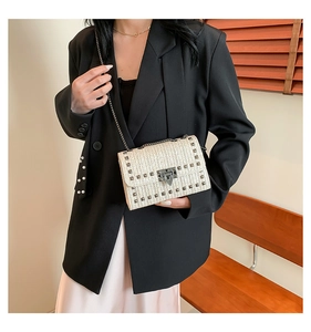 Vue détaillée du sac tissé pour femme avec rivets métalliques et boucle rétro sur un modèle