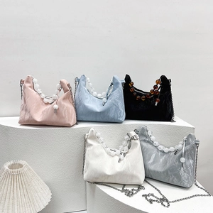 Fashion Women Pleated Cloud Handbag Chinese Style Beaded Handle Shoulder Bag PU Leather Hobo Crossbody Bag Daily Party Purse