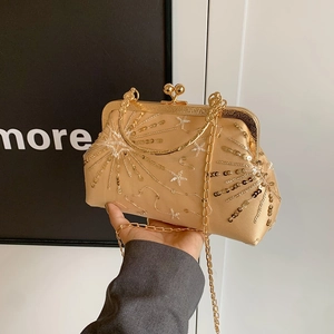 Champagne gold satin evening clutch bag with sequin embroidery and metal handle