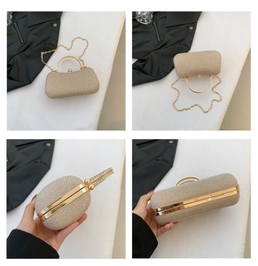 Detail view of champagne gold glitter evening clutch with metal handle and chain strap