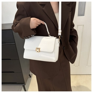 Close-up of golden square lock and crocodile texture on a white luxury crossbody bag