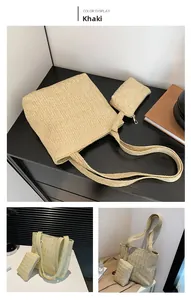 Détails de la texture du sac cabas en paille kaki avec sa pochette assortie