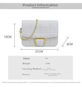 Detailed size chart for the white checkered PU crossbody bag with 21x15x6cm dimensions
