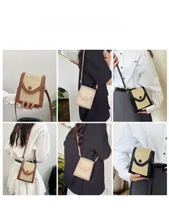 Detailed views of crossbody woven bags in various outfits showing size and strap length