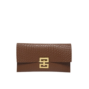 Brown crocodile embossed faux leather envelope clutch bag with gold interlocking buckle