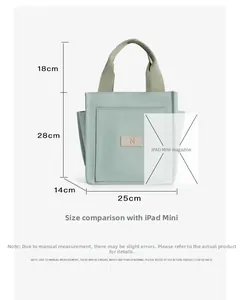 Mint green canvas tote bag dimensions 28x25x14cm showing iPad Mini size compatibility