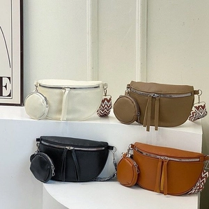 Women PU Leather Litchi Pattern Half Moon Crossbody Bag Set With Round Coin Purse Wide Geometric Strap Fashion Chest Bag
