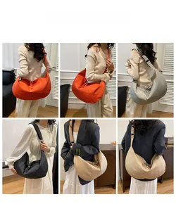 Collage showing oversized nylon crescent crossbody bags in four different colors on models