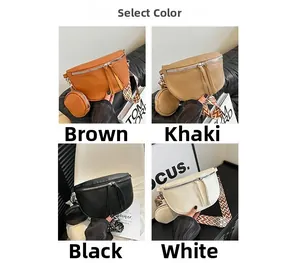Detail view of the semi-circle crossbody chest bag with round pouch in four colors