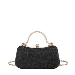 Elegant black glitter evening bag with gold metal handle and rhinestone clasp for women
