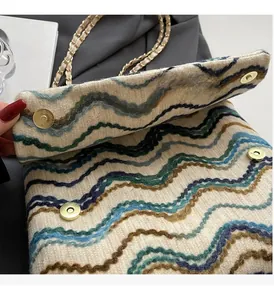 Detail of the golden magnetic clasp and textured wavy pattern on the knitted tote bag