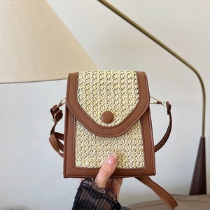 Women Fashion Straw Woven Patchwork Crossbody Bag Lattice Pattern Small Square Phone Bag PU Leather Summer Shoulder Bag